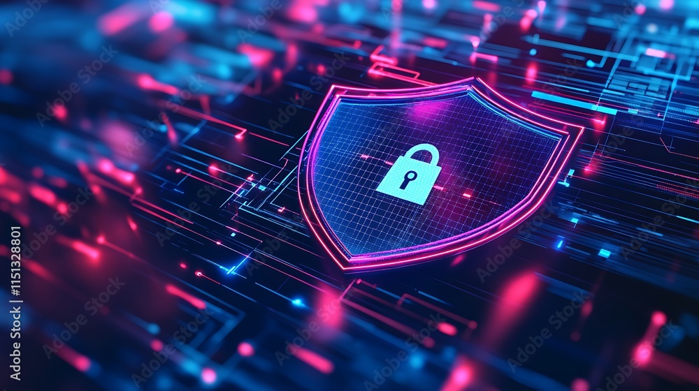 Poster futuristic digital shield protecting data with glowing elements in vibrant blue and pink color schem