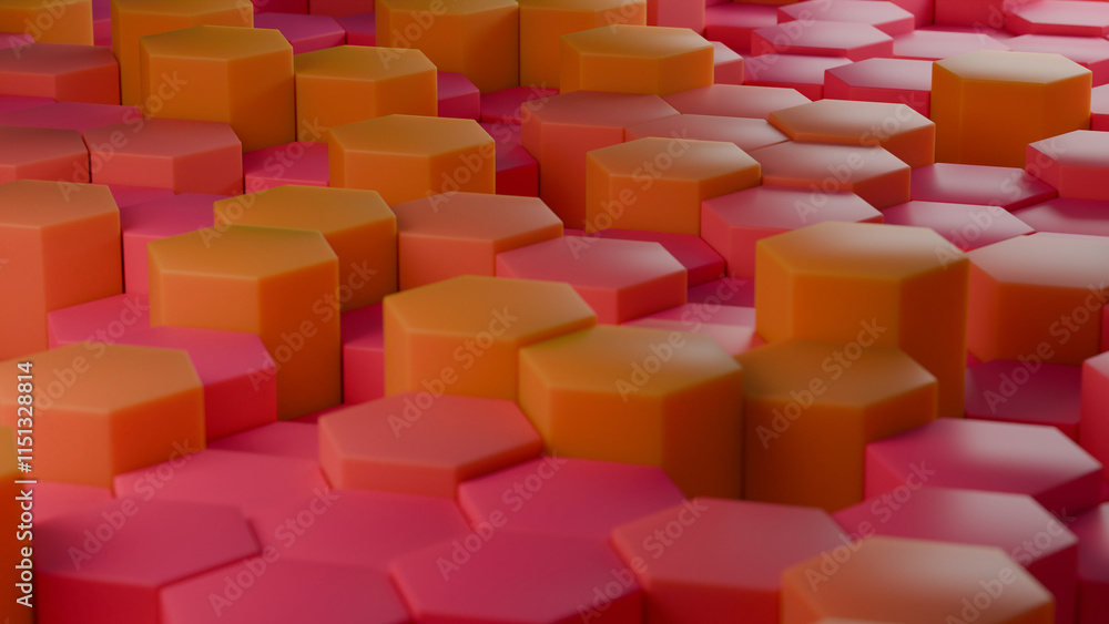 Poster 3d rendering of an abstract geometric background of a variety of multicolored hexagonal columns of d
