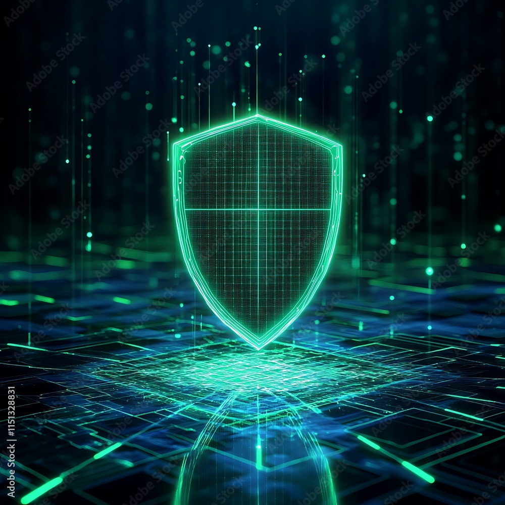 Poster futuristic digital shield protecting data with neon lights on virtual background for cybersecurity c