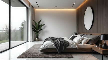 Luxurious bedroom in white and gray-black tones with a large bed