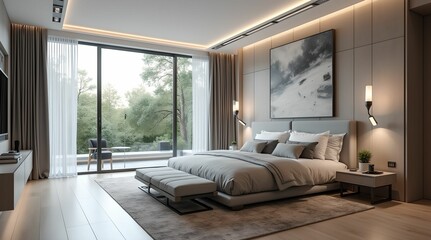 Luxurious bedroom in white and gray-black tones with a large bed