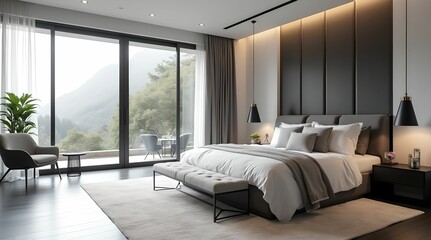 Fototapeta premium Luxurious bedroom in white and gray-black tones with a large bed