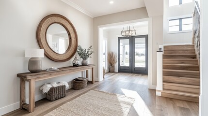 Inviting entryway with a stylish console table, decorative mirrors, and cozy accents, setting the tone for the rest of the home.