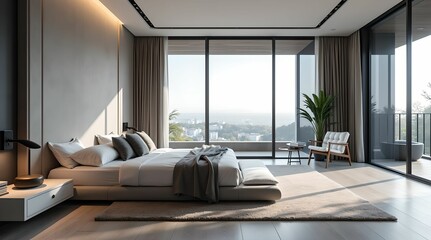 Luxurious bedroom in white and gray-black tones with a large bed