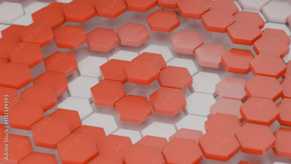 Poster 3d rendering of an abstract composition of many red and white hexagonal tiles arranged at different 
