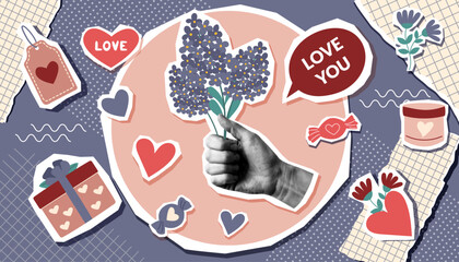 Valentines day collage banner with human hand photo with bouquet of flowers and Valentine objects in pop art style. Valentines trendy background.