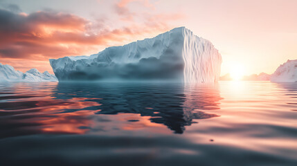 Fototapeta premium Majestic iceberg floating in calm waters during a vibrant sunrise with colorful clouds reflected on the surface