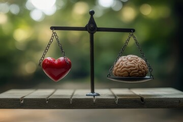 Balancing emotions and intellect with a heart and brain on a scale in nature