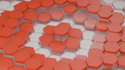 3d rendering of an abstract composition of many red and white hexagonal tiles arranged at different heights and forming concentric rings. Geometric background