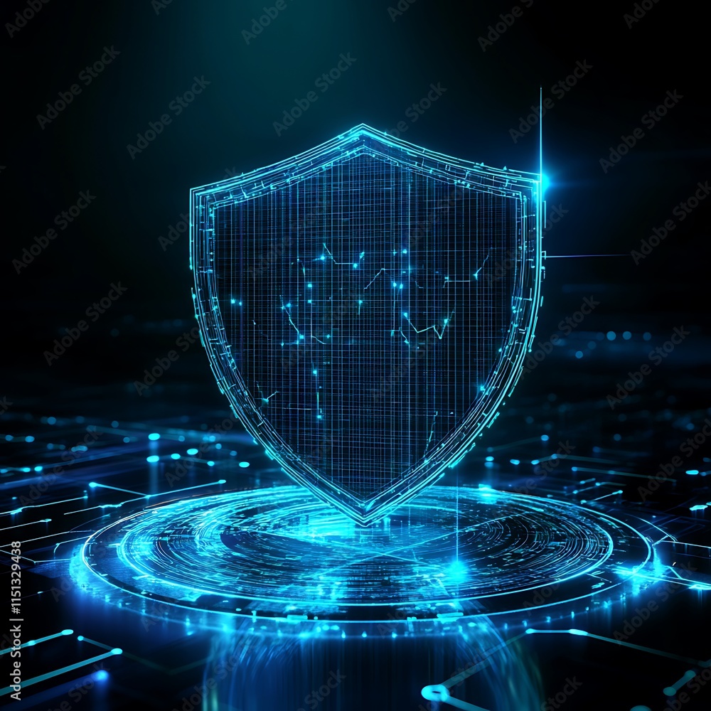 Poster futuristic digital shield symbolizing cyber security and data protection in a high-tech environment