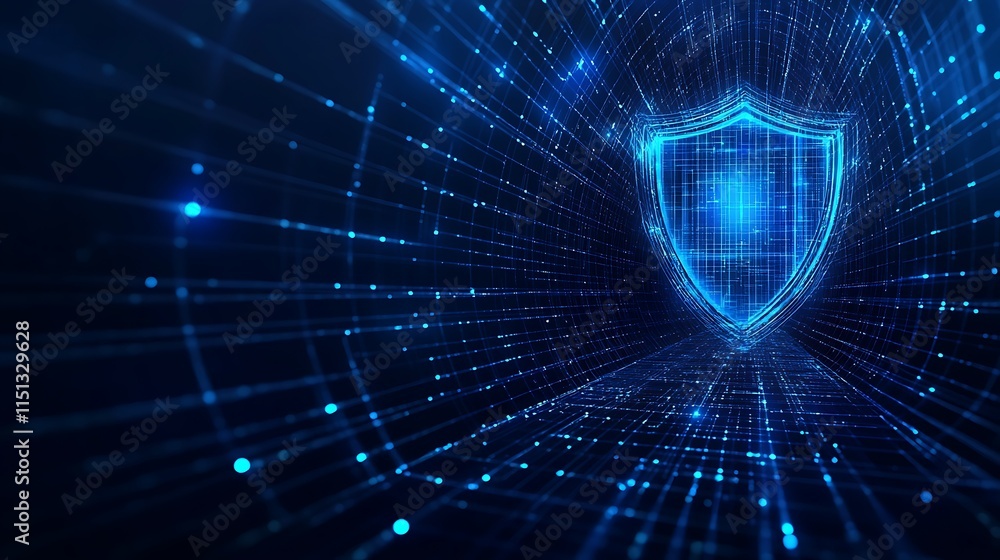Poster futuristic digital shield symbolizing cybersecurity in a high-tech network environment with glowing 