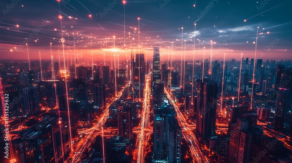 Poster aerial view of a futuristic city at night with illuminated by countless lights connected by a vibran