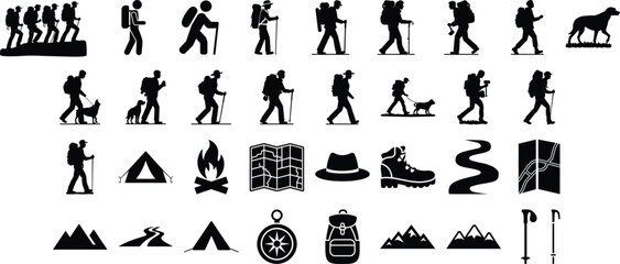 Dynamic Hiking Silhouette Set. Perfect for Trail Marketing, Event Posters and Adventure Projects.