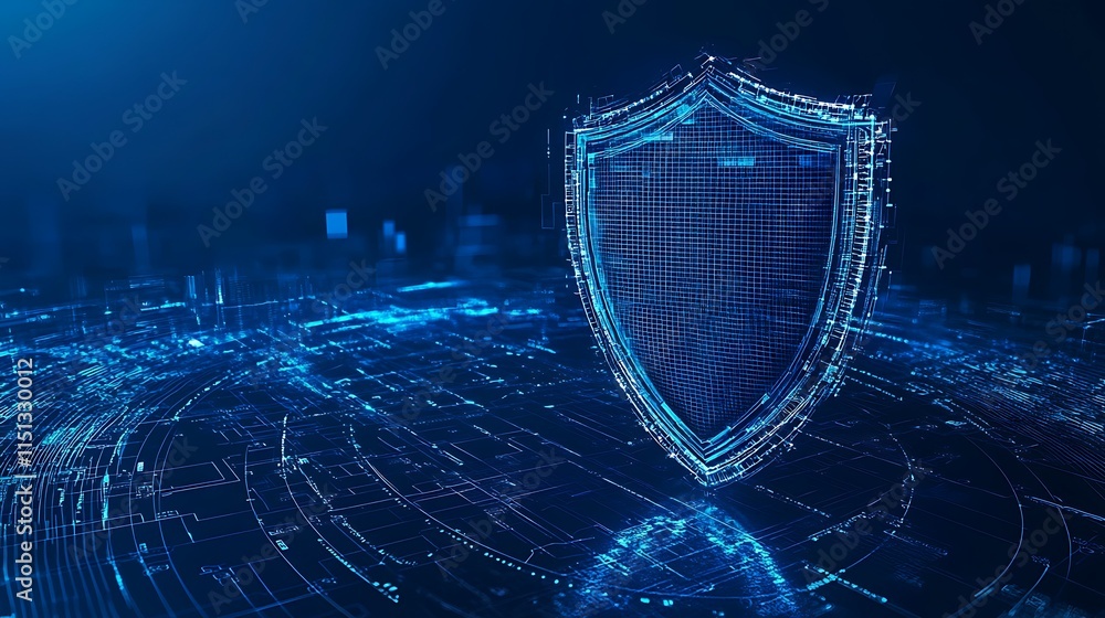 Poster futuristic digital shield with circuit patterns representing cybersecurity protection against threat