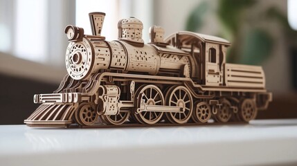 Realistic wooden toy train with intricate details wheels perfectly aligned on a white surface