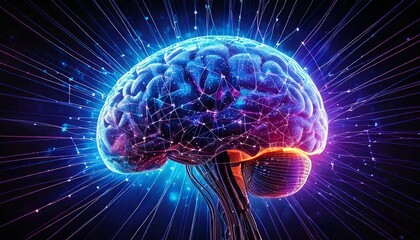 Glowing Brain-Shaped Neural Network Illustration with Interconnected Lines and Nodes in Vibrant
