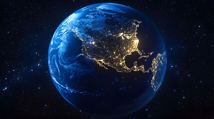 Obraz premium Global view of Earth at night showcasing illuminated cities and natural landforms