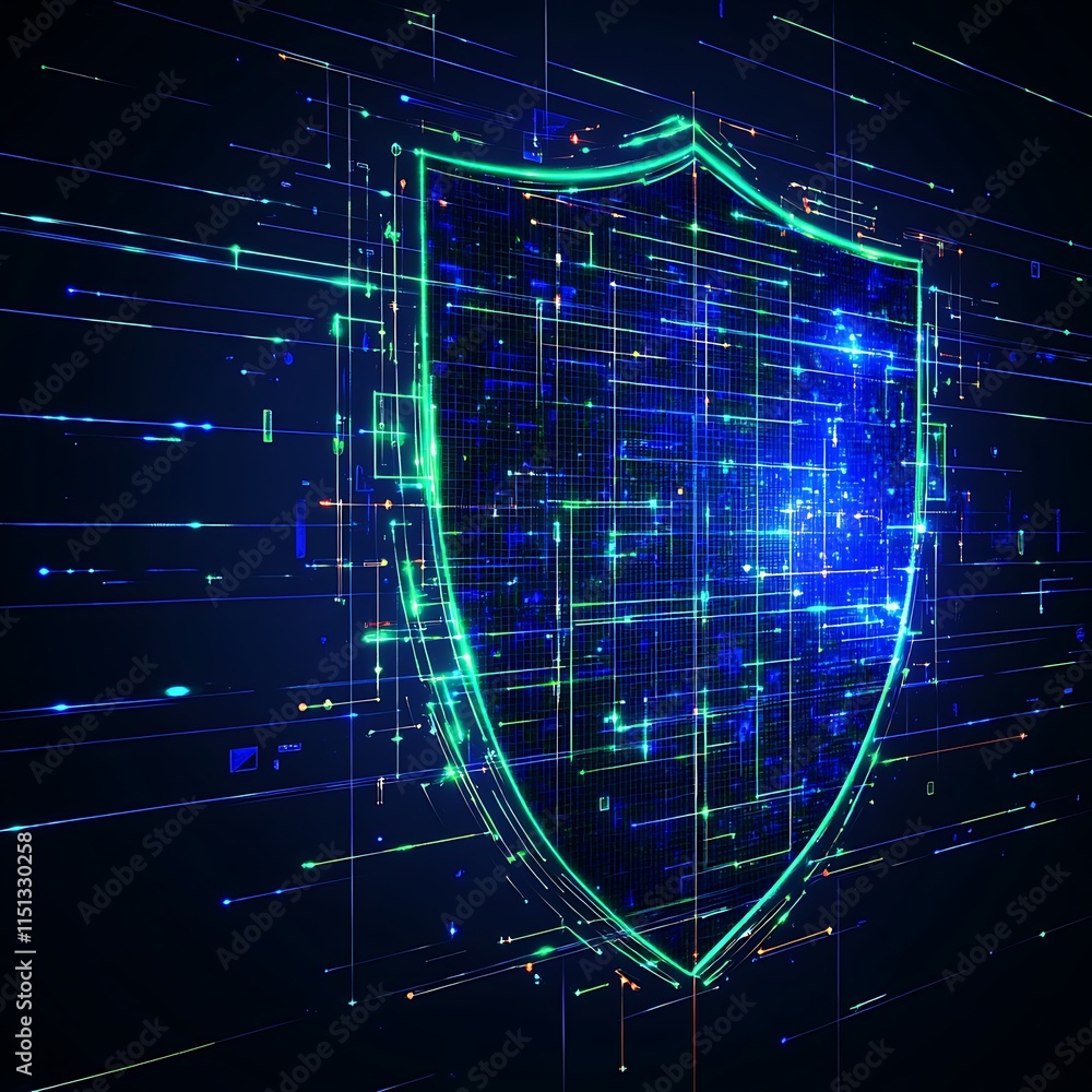 Poster futuristic digital shield with data streams representing cybersecurity and protection in technology 