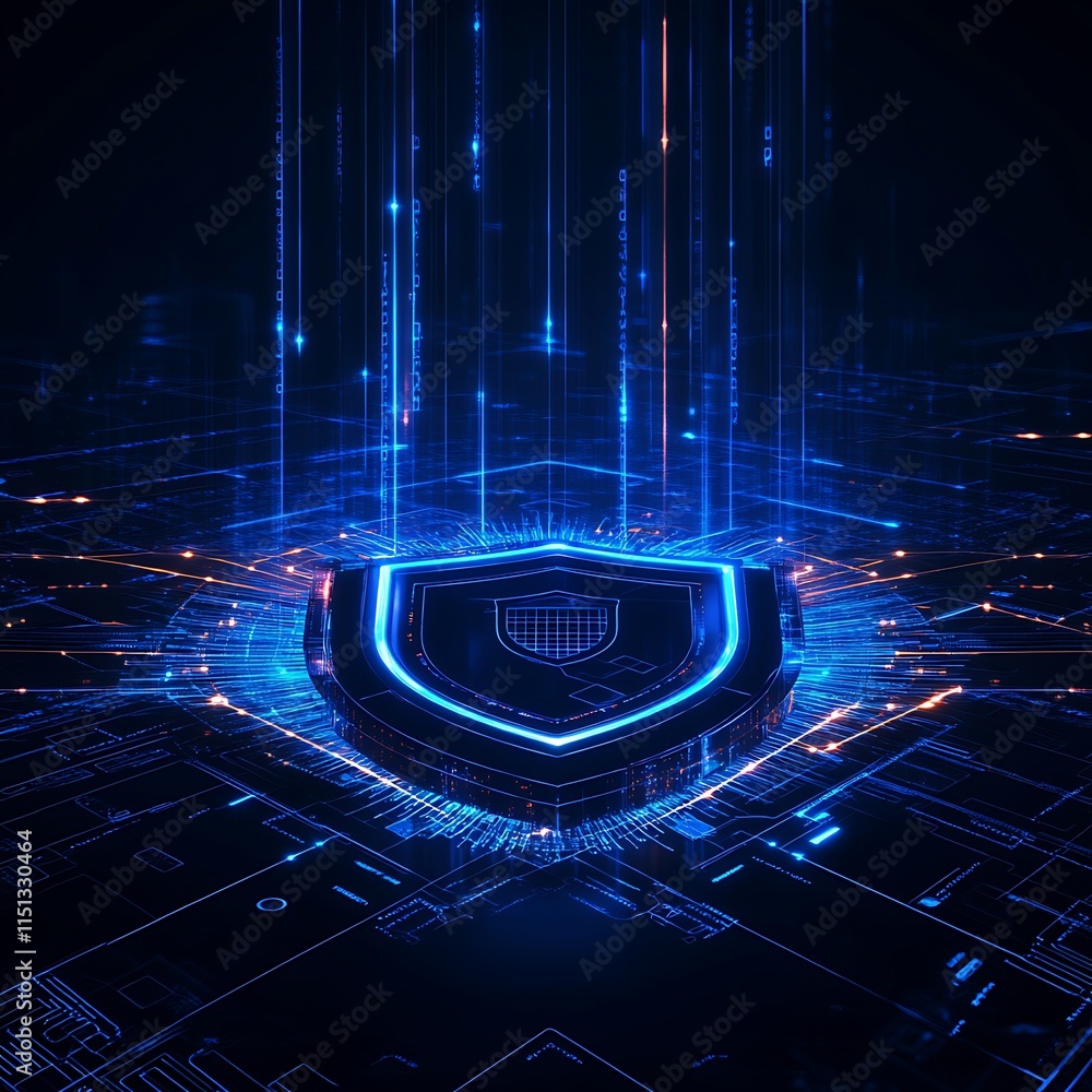 Poster futuristic digital shield with glowing lines and data streams against a dark background