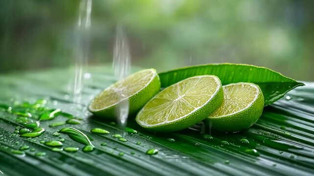Fresh limes resting on green leaves under light rain droplets in a serene tropical setting