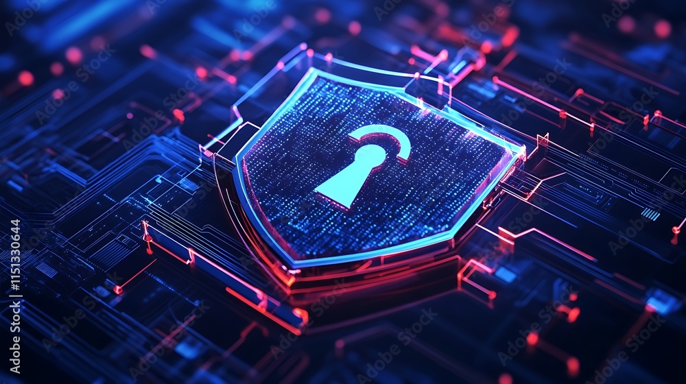 Poster futuristic digital shield with keyhole symbol on circuit board background for cybersecurity concept