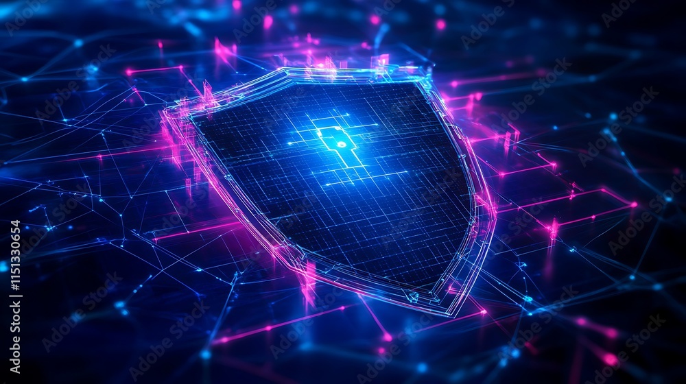Poster futuristic digital shield with light effects representing cybersecurity and data protection concepts