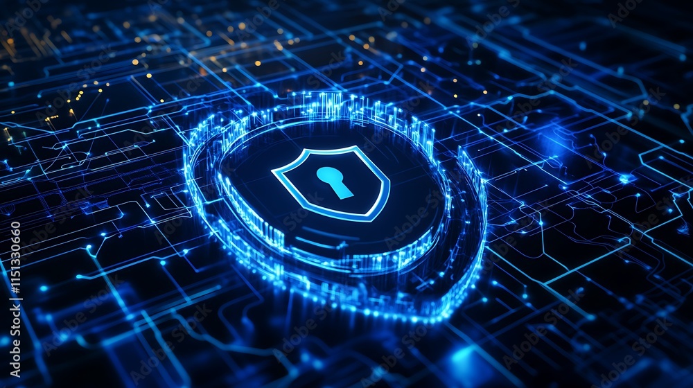 Poster futuristic digital shield with lock symbol and circuitry background depicting cybersecurity concept