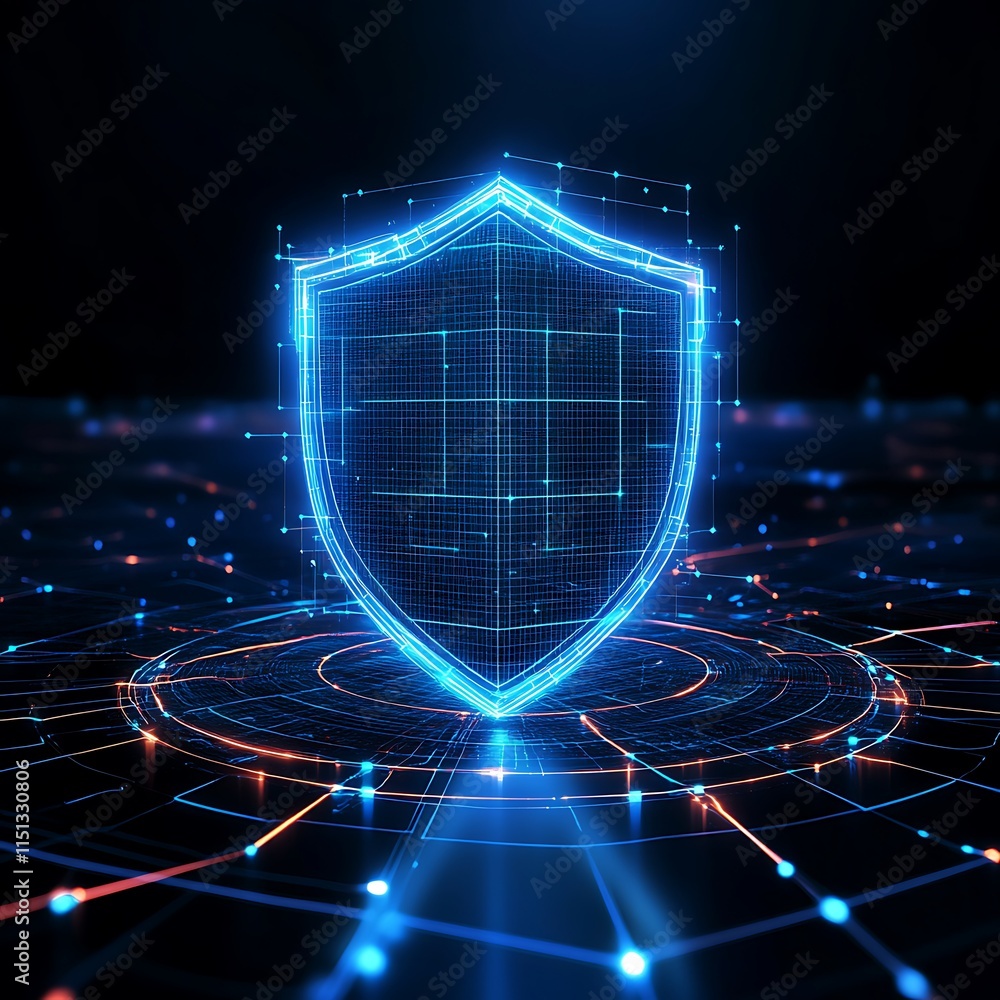 Poster futuristic digital shield with neon blue lines on dark background representing cyber security and pr