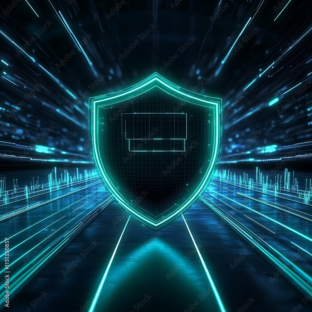 Poster futuristic digital shield with neon light effects representing cybersecurity and data protection in 