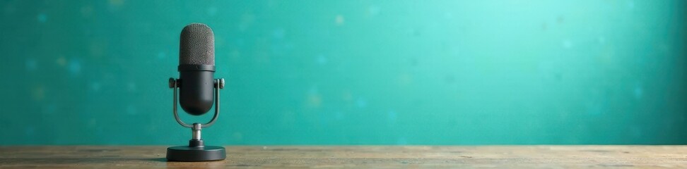 Retro microphone on table in front of aquamarine wall, aquamarine, vintage