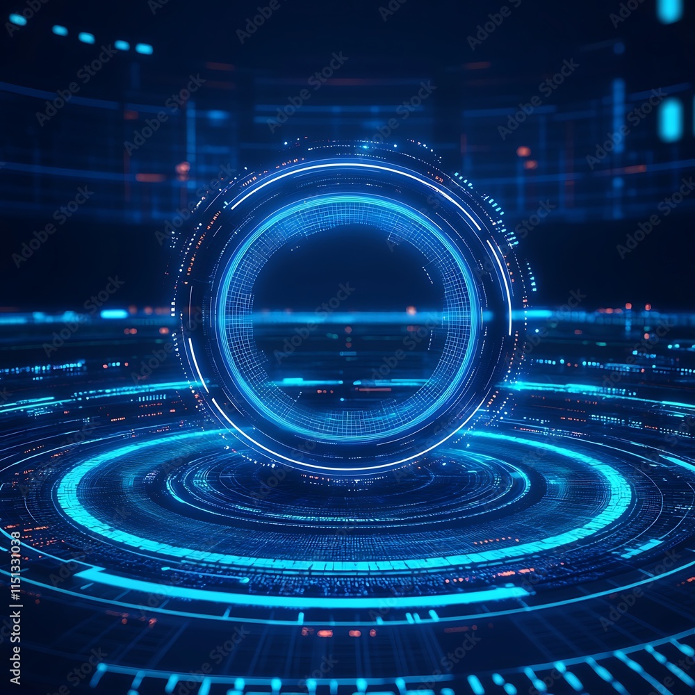 Poster futuristic digital sphere surrounded by glowing circles and data elements in a high-tech environment