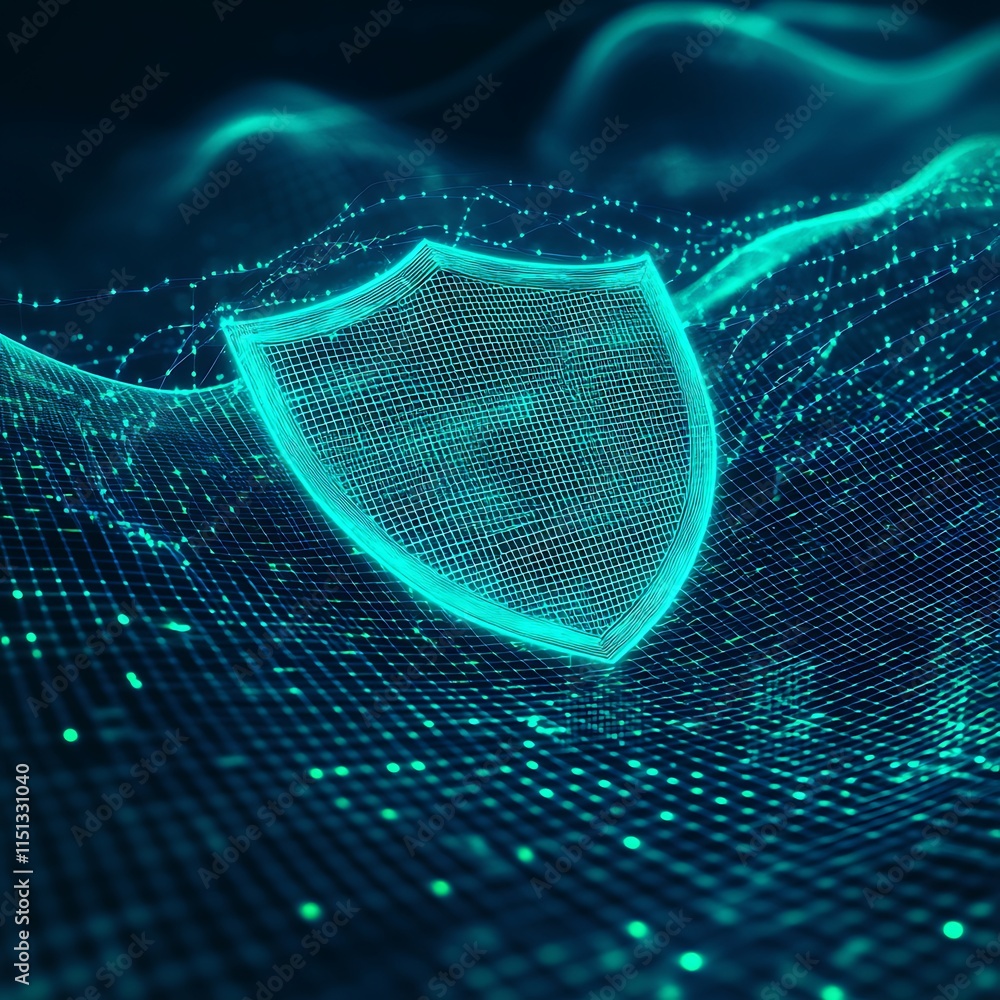 Poster futuristic digital shield with network waves and glowing particles representing cybersecurity concep