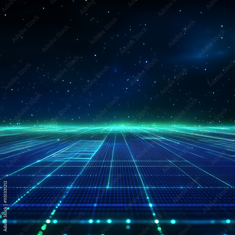 Poster futuristic grid background with stars and cosmic elements for high-tech concept design and visualiza