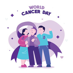Familly Awereness cancer patients embrace each other. People celebrating World Cancer Day. Vector illustration in flat style