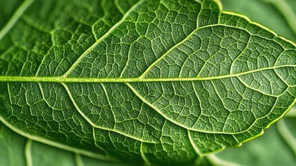 Fototapeta premium Green foliage concept. Close-up of a green leaf showcasing intricate vein patterns and vibrant texture.