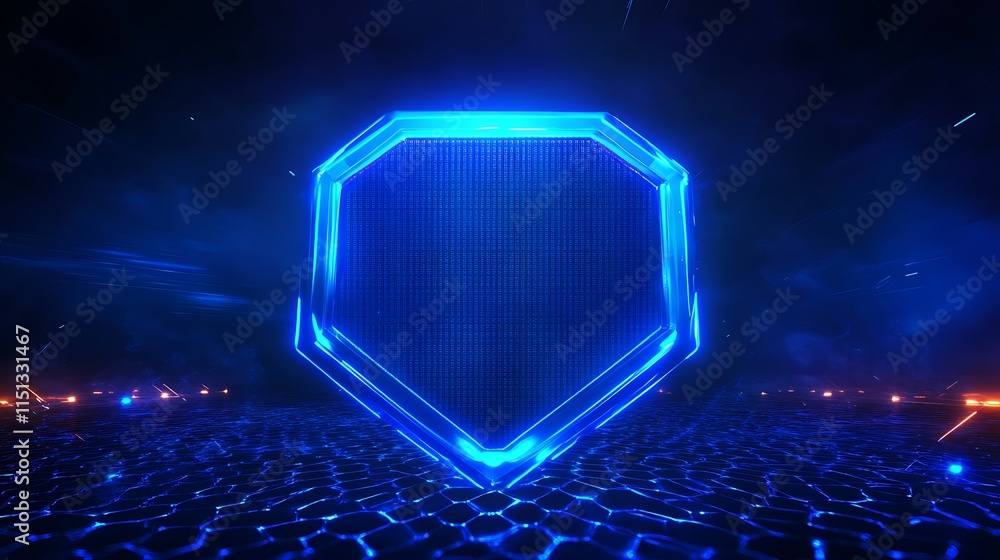 Poster Futuristic Neon Shield Design Glowing in a Dark Environment with Geometric Patterns and Light Effects