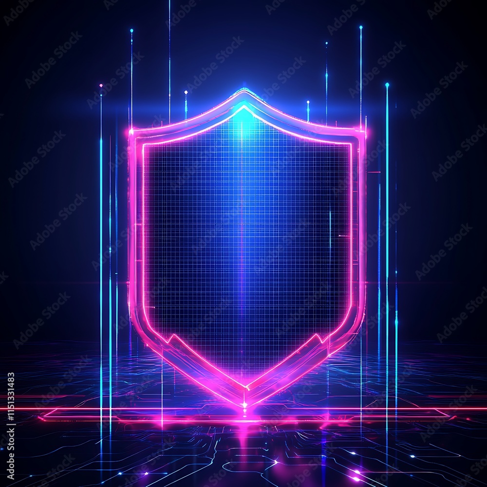 Poster futuristic neon shield design with glowing lines and grid patterns for digital security concepts