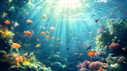 10h the sunlight Tyndale effect, and the underwater world where you can see various schools of fish
