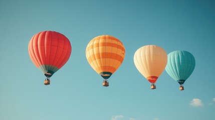 Naklejka premium Four colorful hot air balloons float in a clear sky.