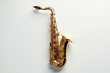 Sleek gold saxophone positioned centrally on a pristine white surface, golden saxophone, white background
