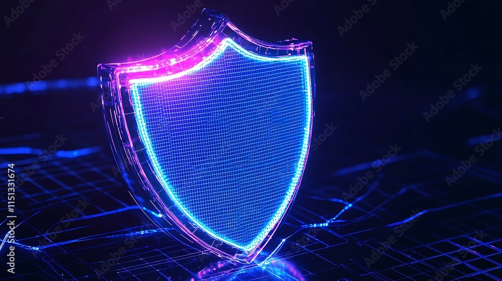 Poster futuristic neon shield symbolizing cybersecurity in digital environment with technological backgroun