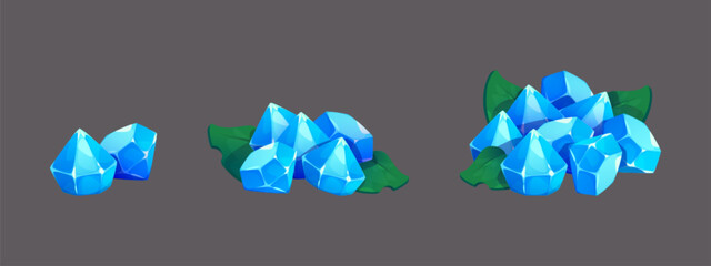 Glossy blue gemstone treasure piles with polygonal facets on green leaves. Different sized crystal clusters growing in sequence from small to large. Game resource collection or magical rewards.