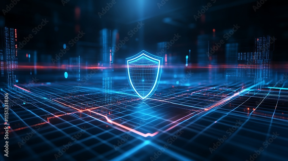 Poster futuristic shield icon with digital background for cybersecurity and data protection concepts