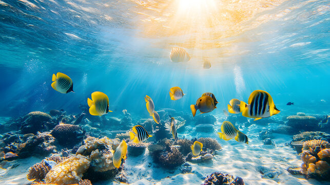 10h the sunlight Tyndale effect, and the underwater world where you can see various schools of fish