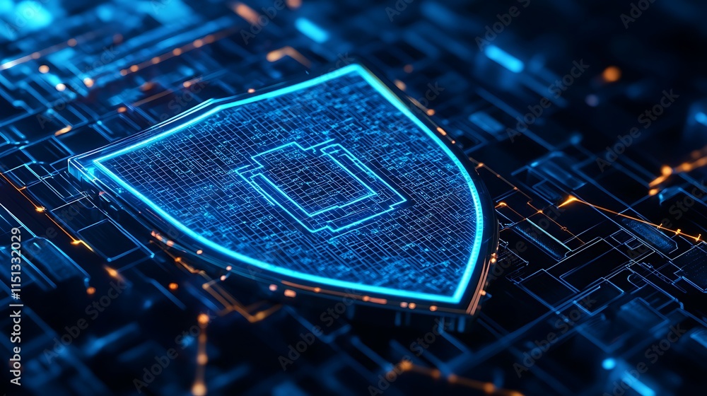Poster futuristic shield symbol over glowing circuit board background representing digital security and pro