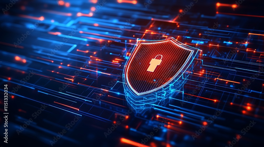 Poster futuristic shield icon with lock symbol in a digital matrix background for cybersecurity concepts