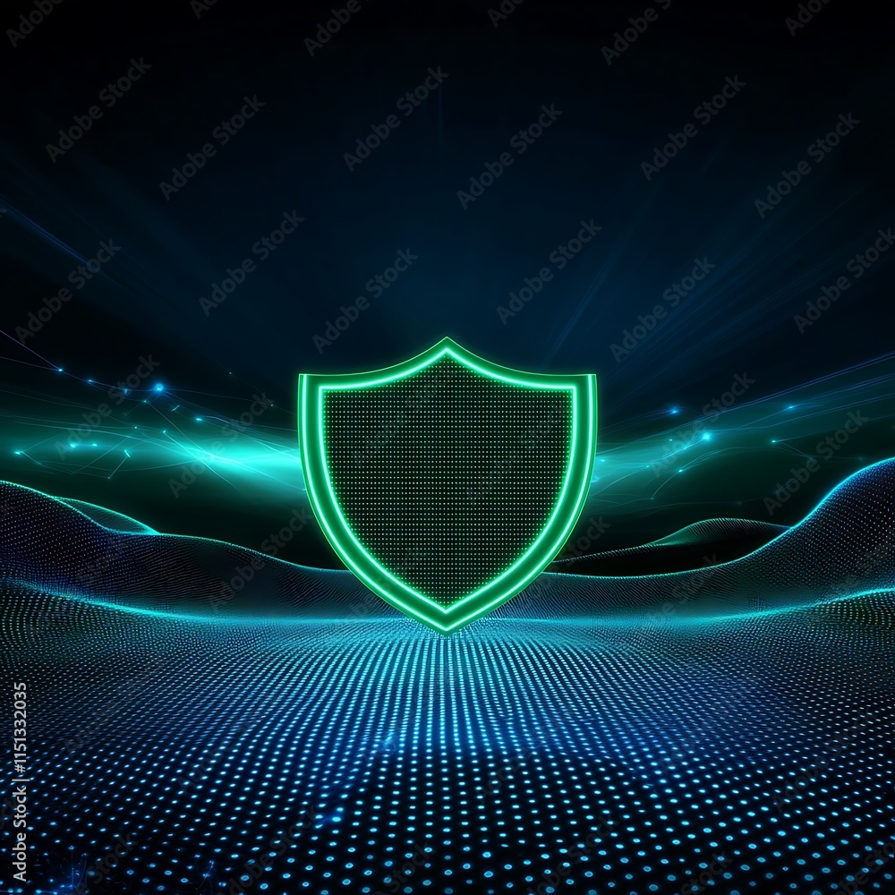 Poster futuristic shield symbol with neon glow on digital background for cybersecurity concepts and technol