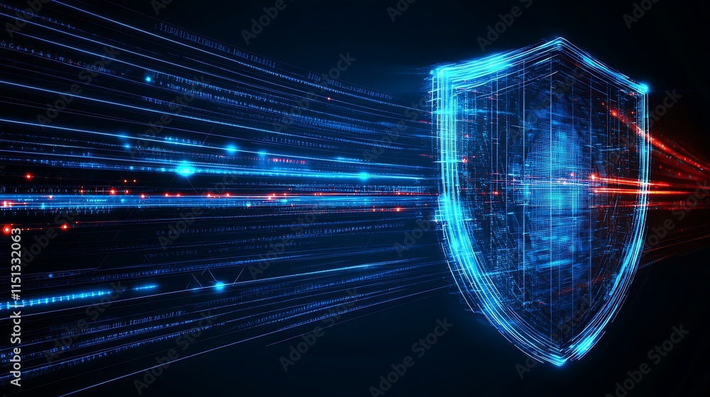Poster futuristic shield technology with digital data stream on dark background for cybersecurity concepts