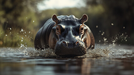 Fototapeta premium running hippo during mid-day in a river with a eye-level angle 