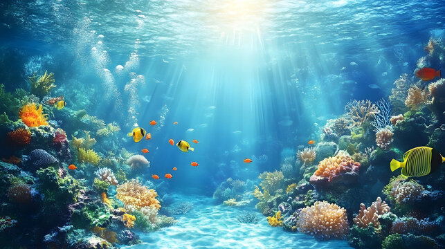 10h the sunlight Tyndale effect, and the underwater world where you can see various schools of fish